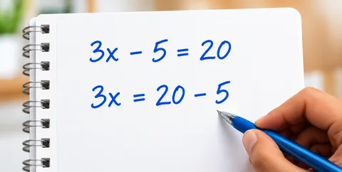 Working written in a notebook: 3x - 5 = 20, 3x = 20 - 5